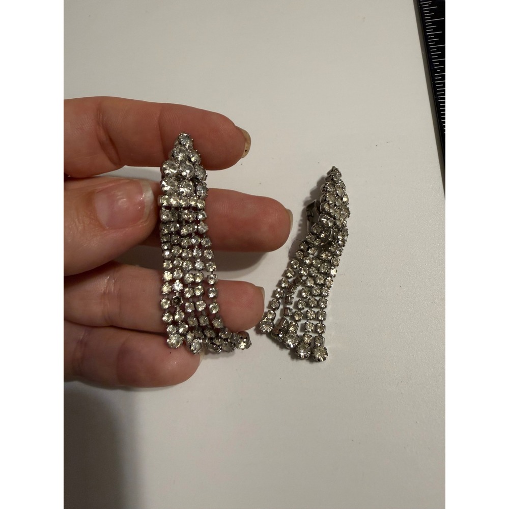 Vintage Rhinestone Waterfall Fringe Clip On Earrings Silver Tone Chandelier Drop